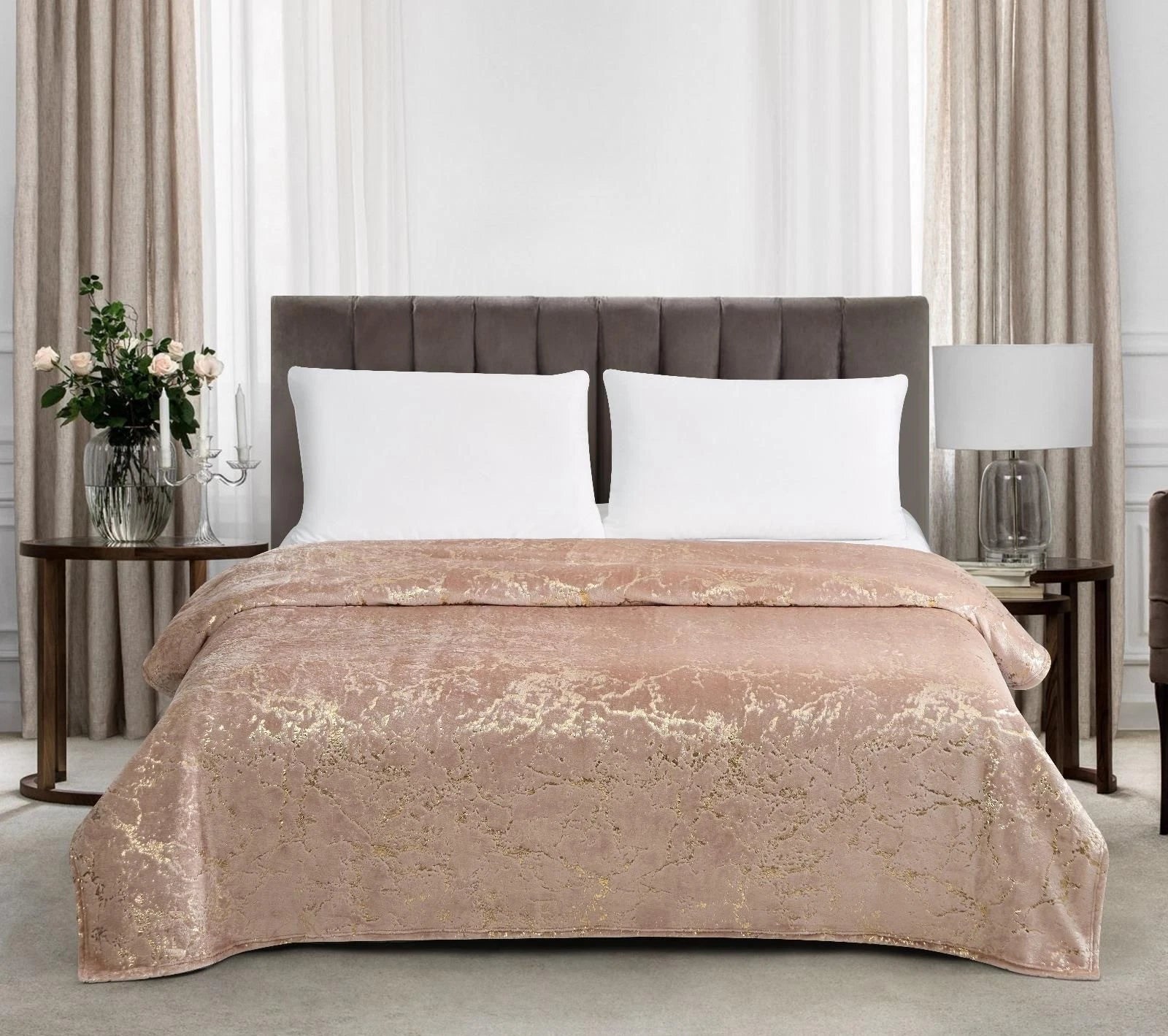 HKZ Marble Gold Effect Ultra Soft Fleece Throw Blanket, Double and King Size