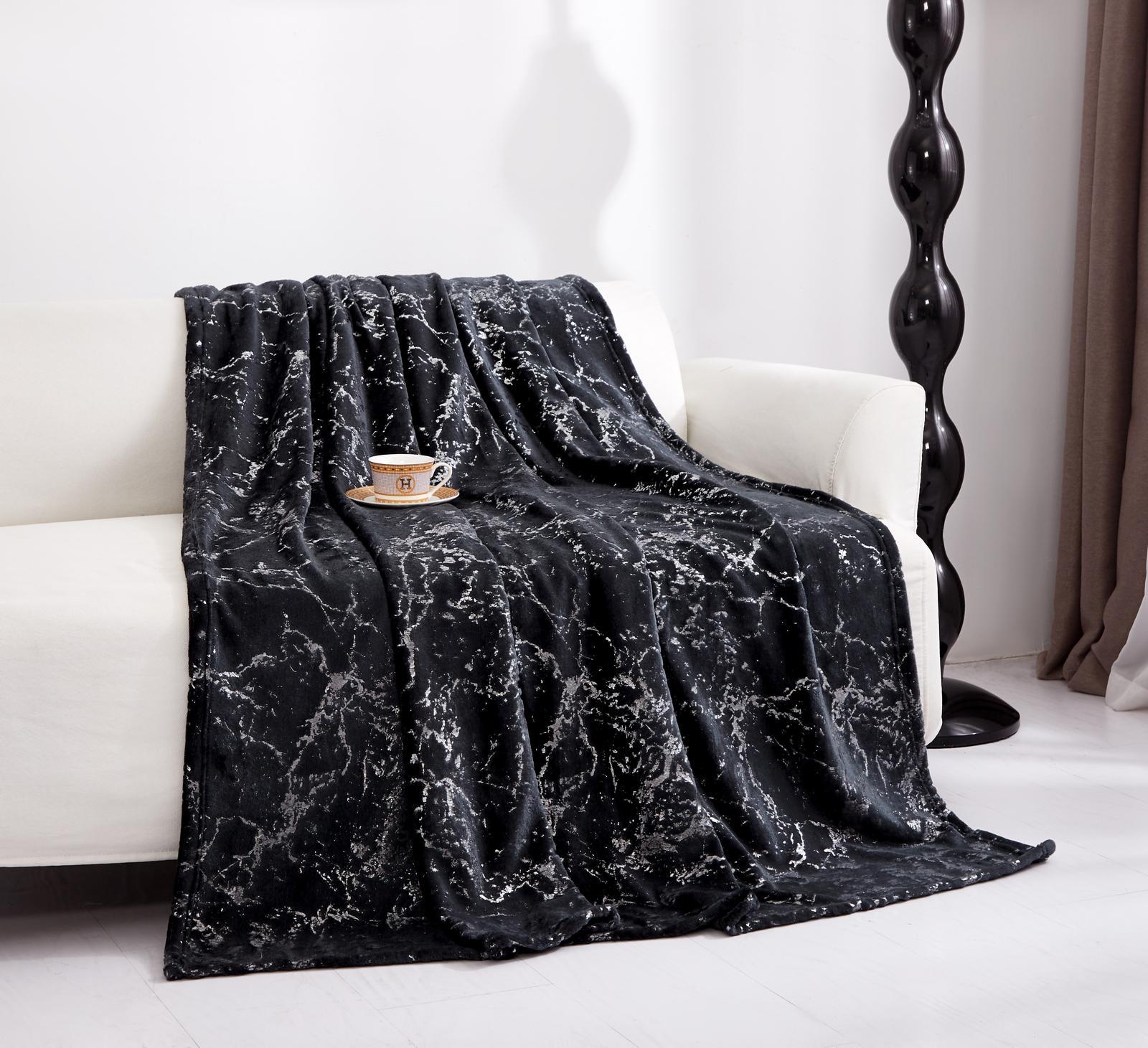 HKZ Marble Silver Effect Ultra Soft Fleece Throw Blanket, Double and King Size