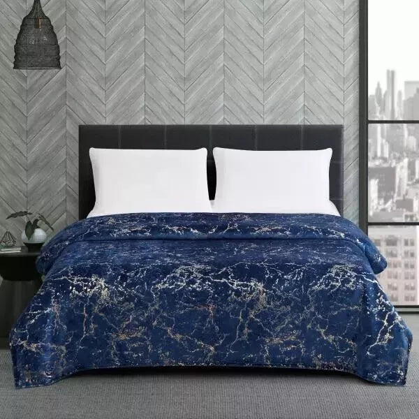 HKZ Marble Gold Effect Ultra Soft Fleece Throw Blanket, Double and King Size