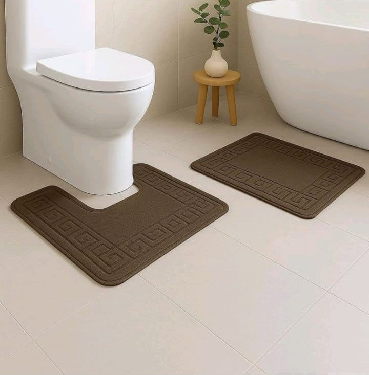 GREEK STYLE BATH MAT PEDESTAL SET NON SLIP TOILET BATHROOM RUGS 2 PIECE