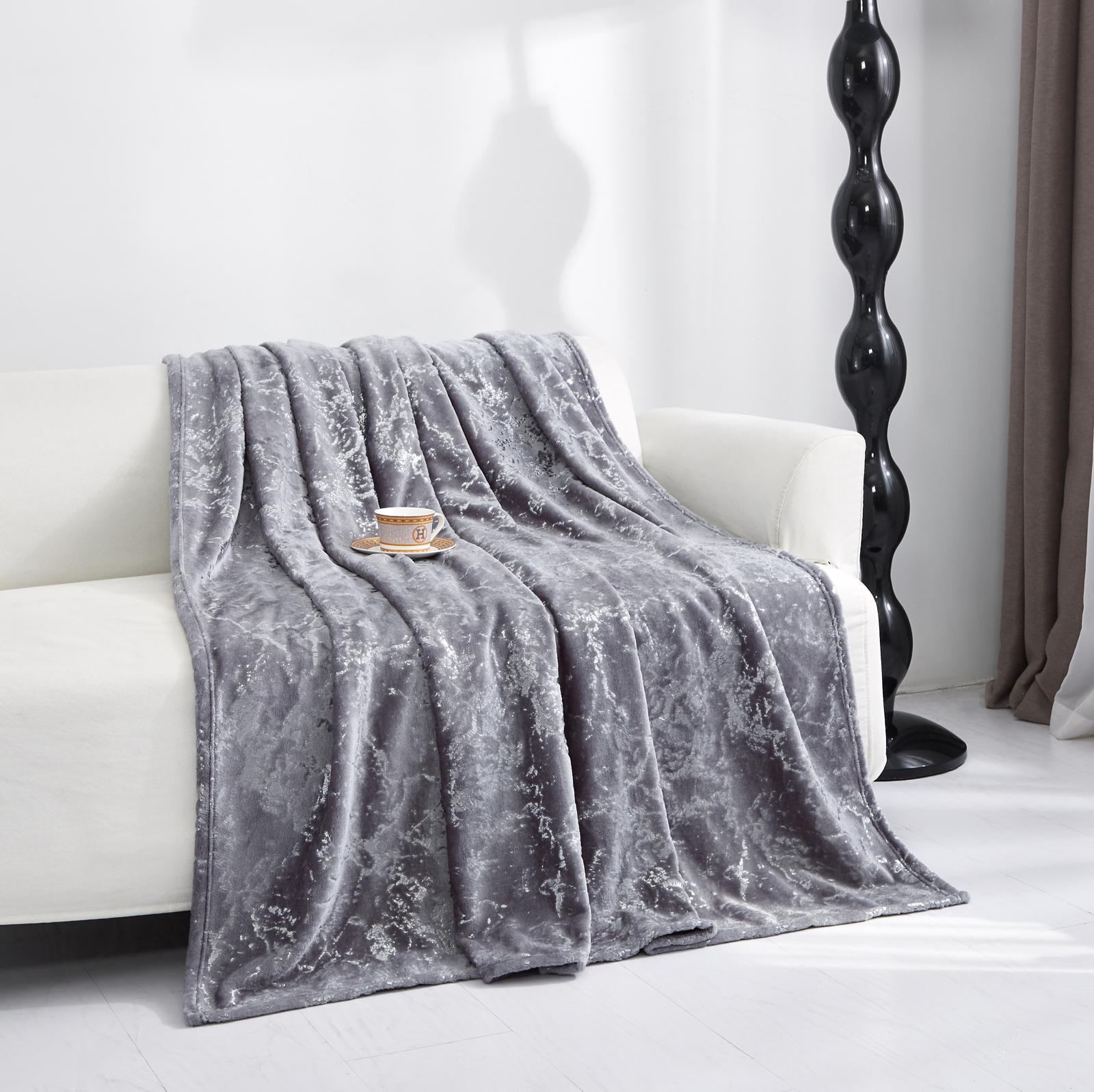 HKZ Marble Silver Effect Ultra Soft Fleece Throw Blanket, Double and King Size